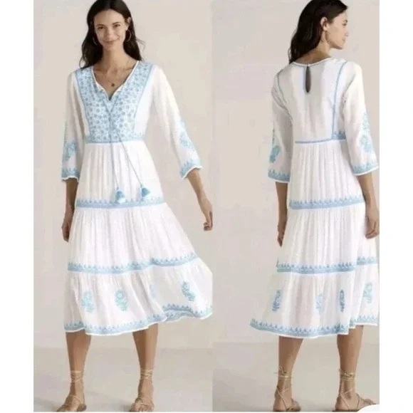 Soft Surroundings Gauzey Juniper Dress Blue White Embroidered Sz Medium Cotton - Picture 2 of 16
